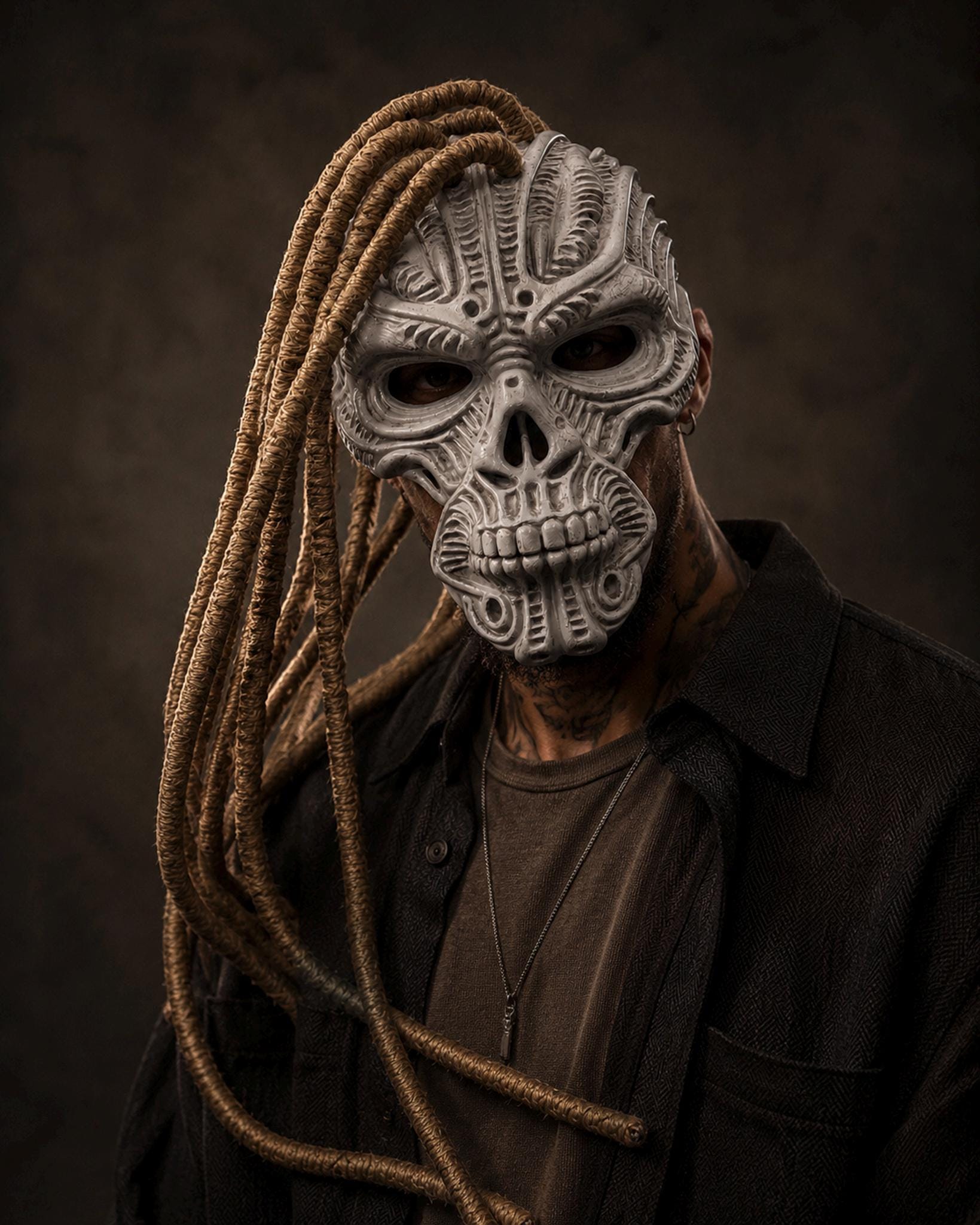 Wraith Hunter Tribal Skull Mask with Rope Dreadlocks: Dark Fantasy Cosplay