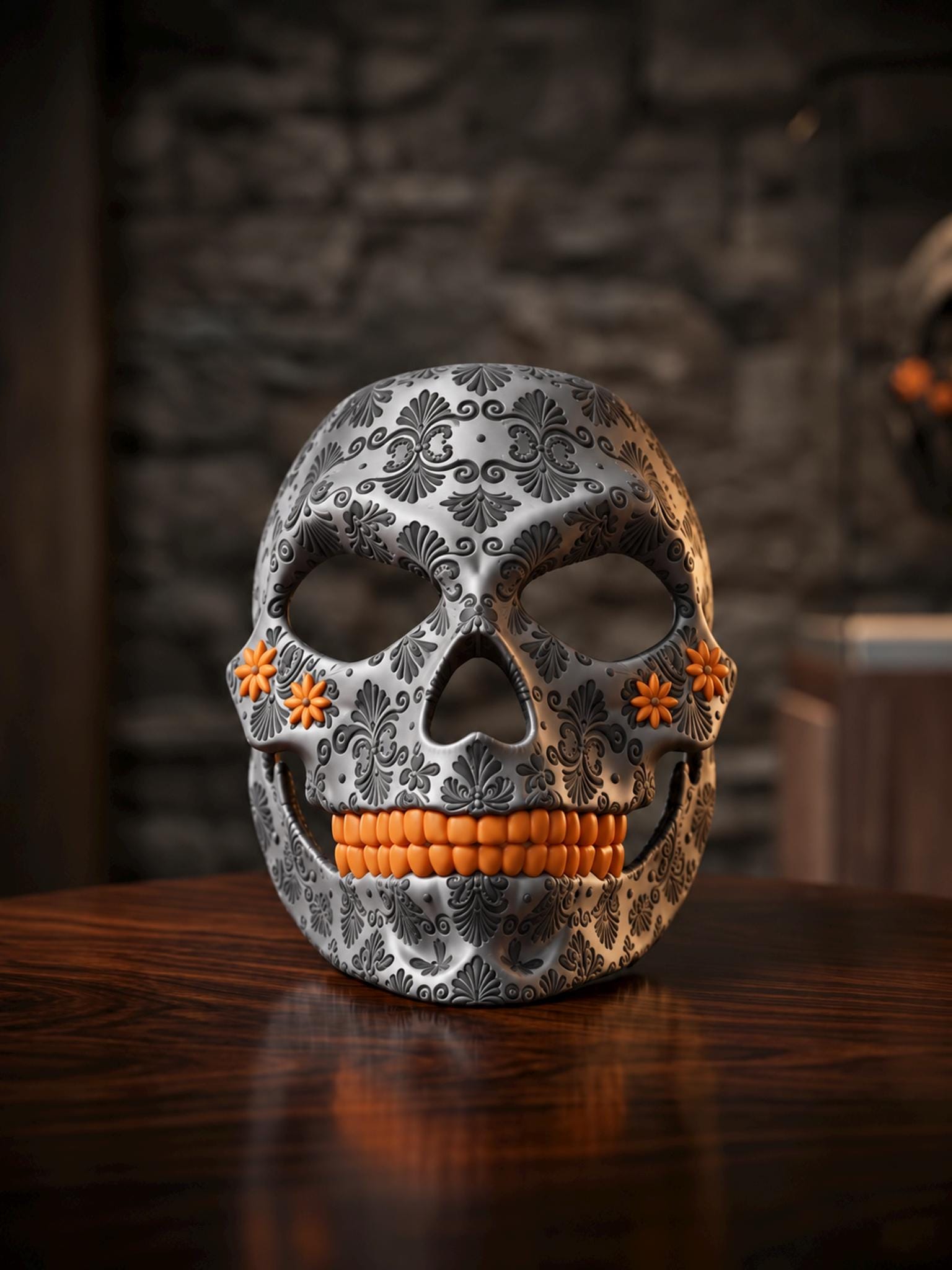 PRE-COLORED - No Hand Crafted - Pumpkin Skull Halloween Mask - Embroided - Jack-o-lantern Style - Scary
