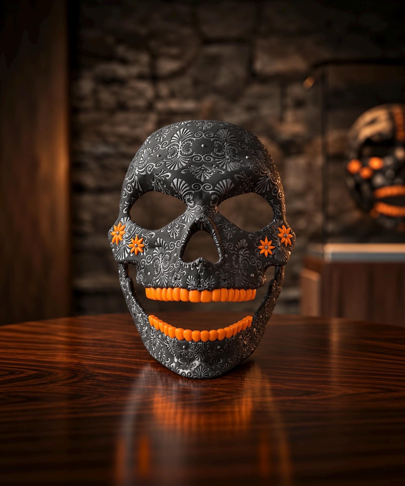 PRE-COLORED - No Hand Crafted - Pumpkin Skull Halloween Mask - Embroided - Jack-o-lantern Style - Scary