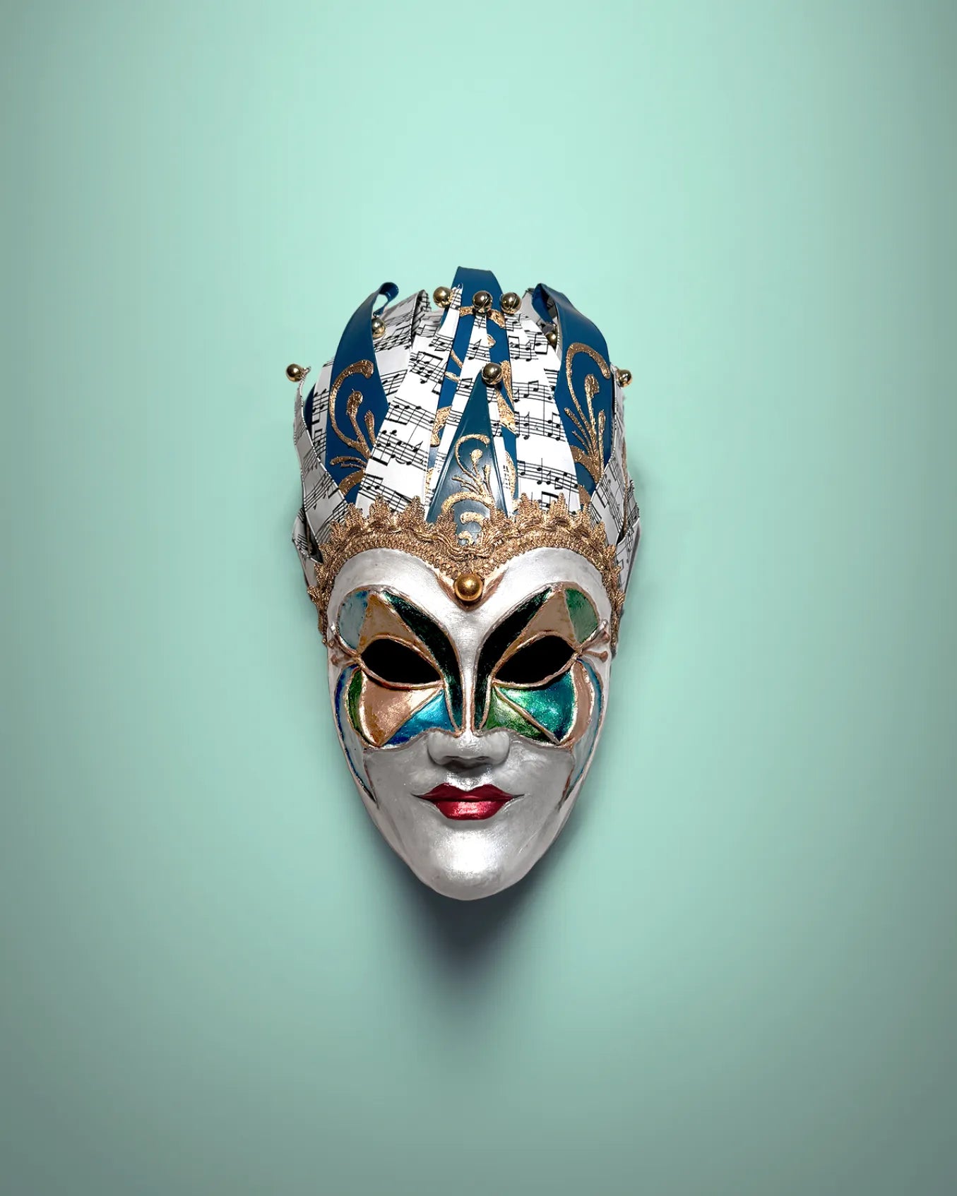 Joker Venetian Woman; Colorful Rio Carnival, Techno, Jolly Mask, handcrafted Venetian mask for cosplay and fantasy events.