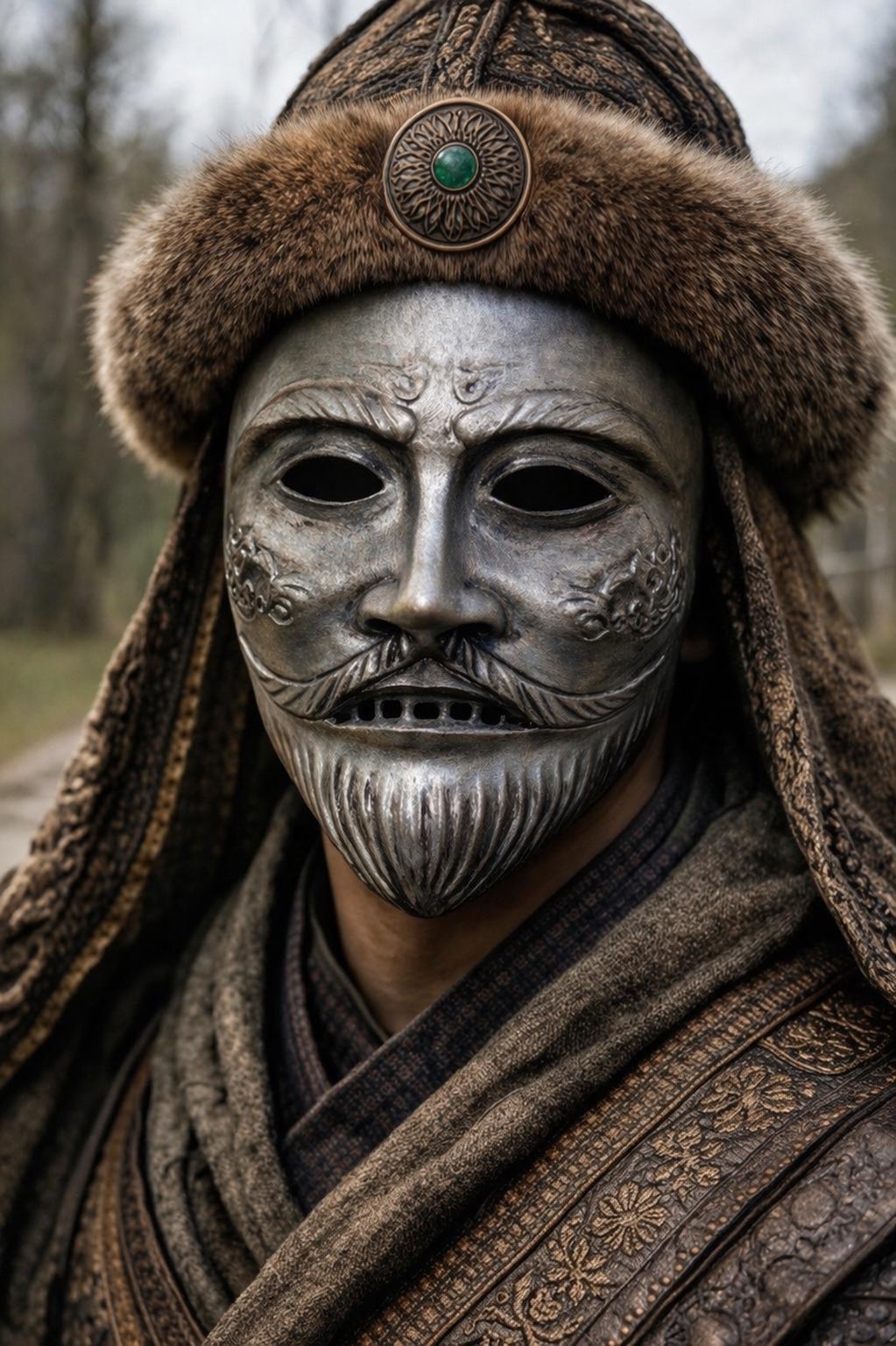 Kipchak Cuman Turkic Warrior Embroided Mask: Medieval Steppe Nomad Wall Decor – Handmade Historical Mask - Venemask