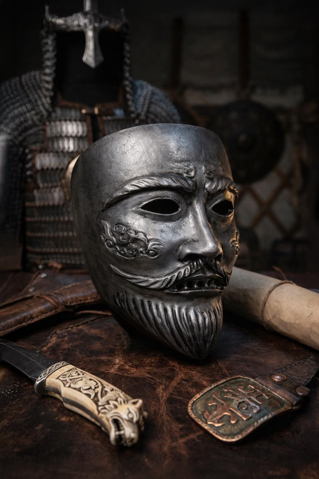 Kipchak Cuman Turkic Warrior Embroided Mask: Medieval Steppe Nomad Wall Decor – Handmade Historical Mask - Venemask