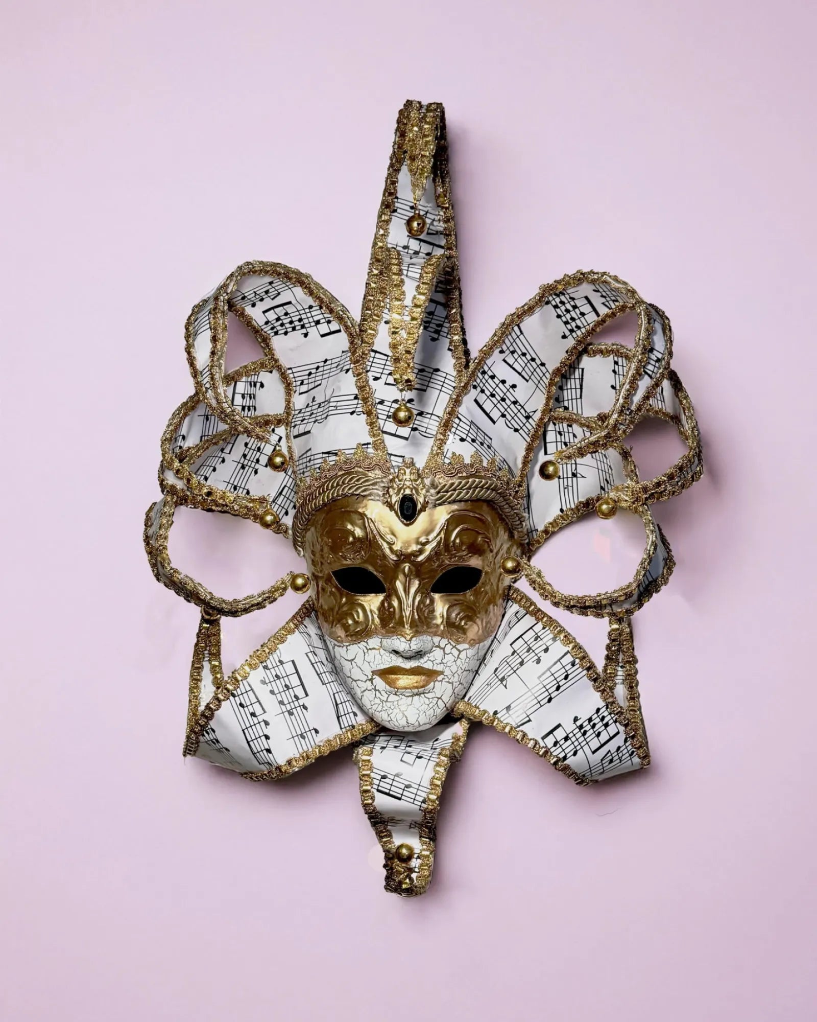Musical Jester; Gold Full Face with Pink Music Motifs Venetian Sun mask, handcrafted venetian cosplay fantasy mask for masquerade.