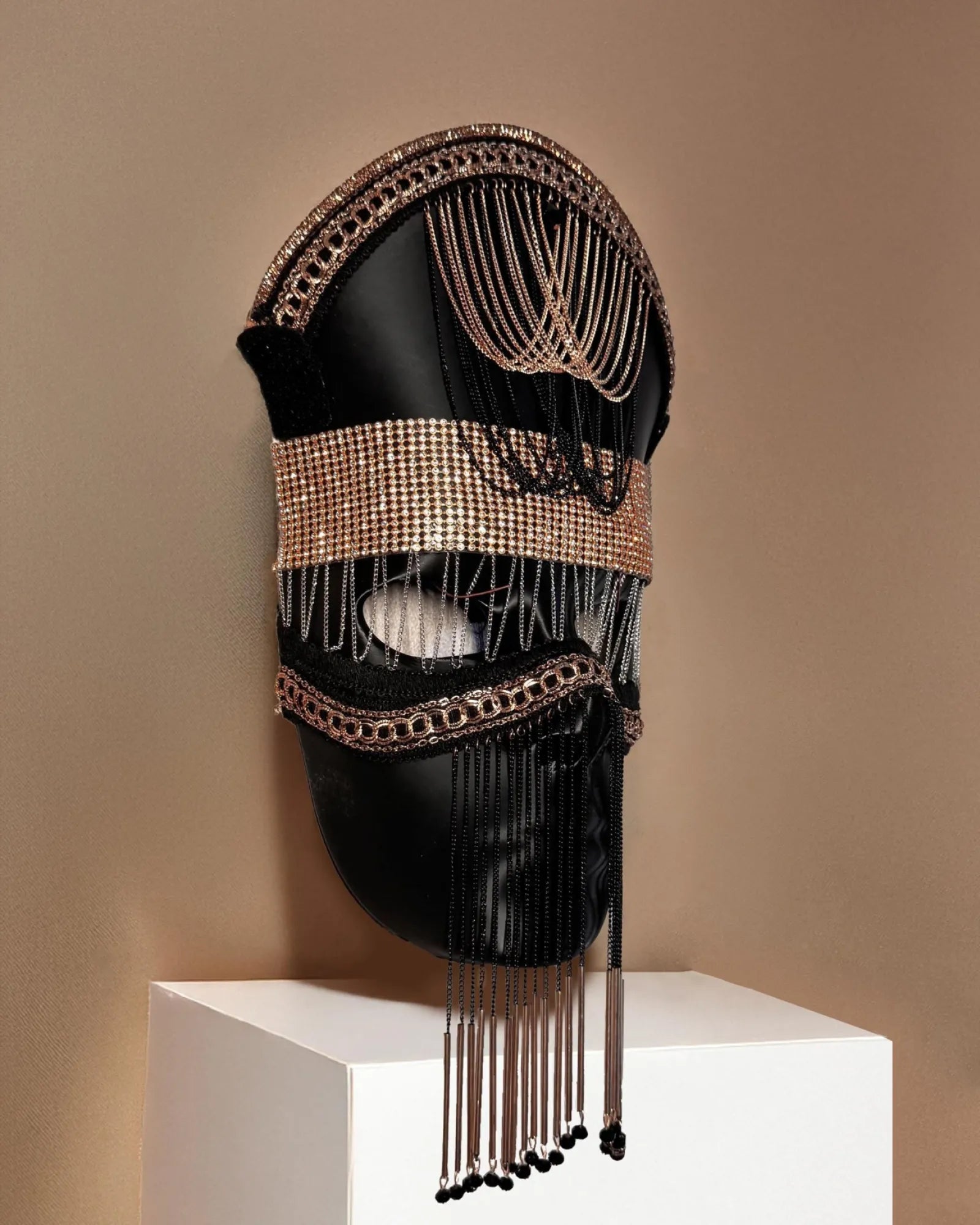 Nocturne Crown the Black Sultan; Mystic Chain Royal Veil, Velvet Dusk, Black & Gold luxury mask, handcrafted venetian cosplay fantasy mask