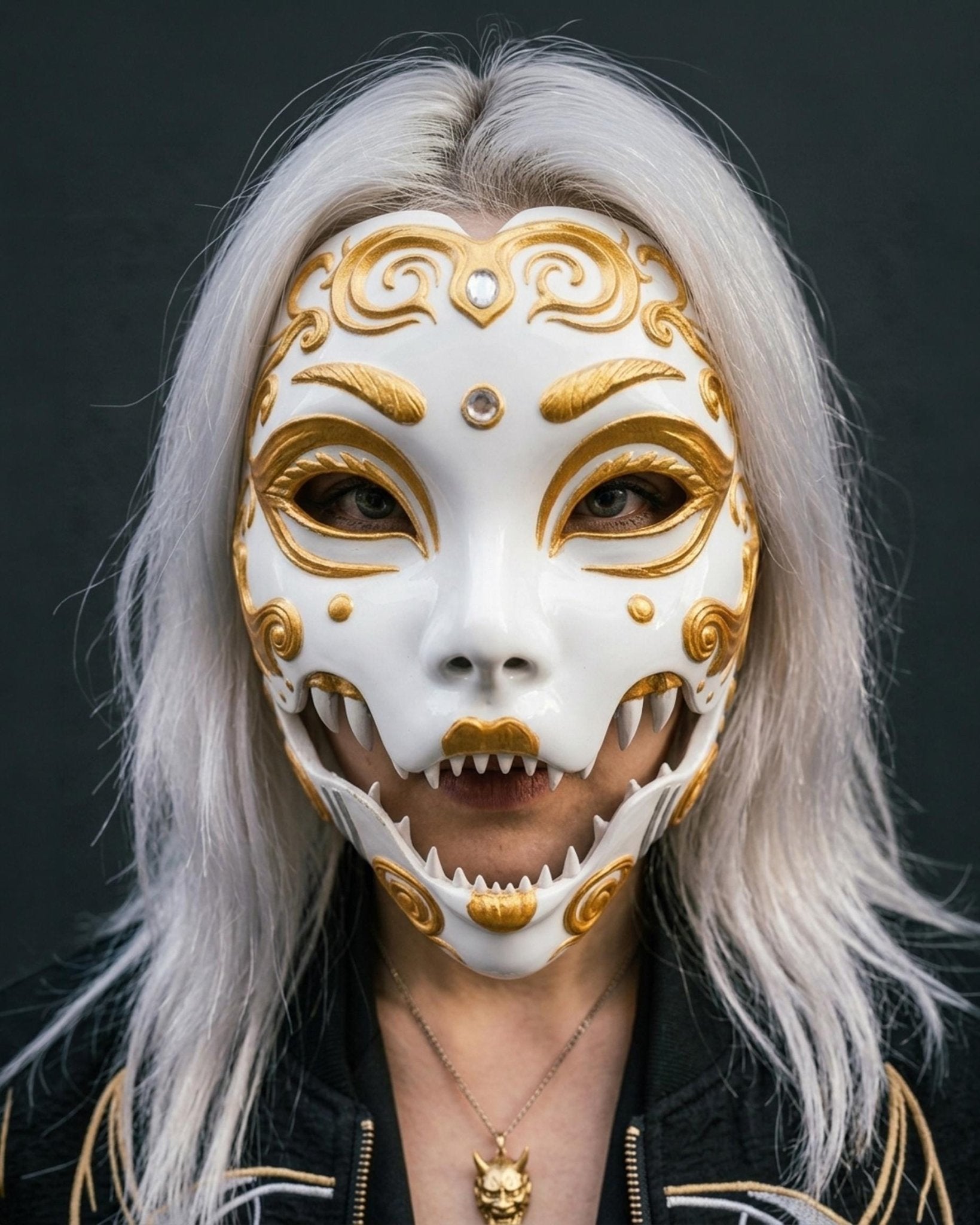 PRE-COLORED - NO Hand crafted Demon Geisha Gold Mask - Japanese Horror Folklore, Cosplay Masquerade - Venemask