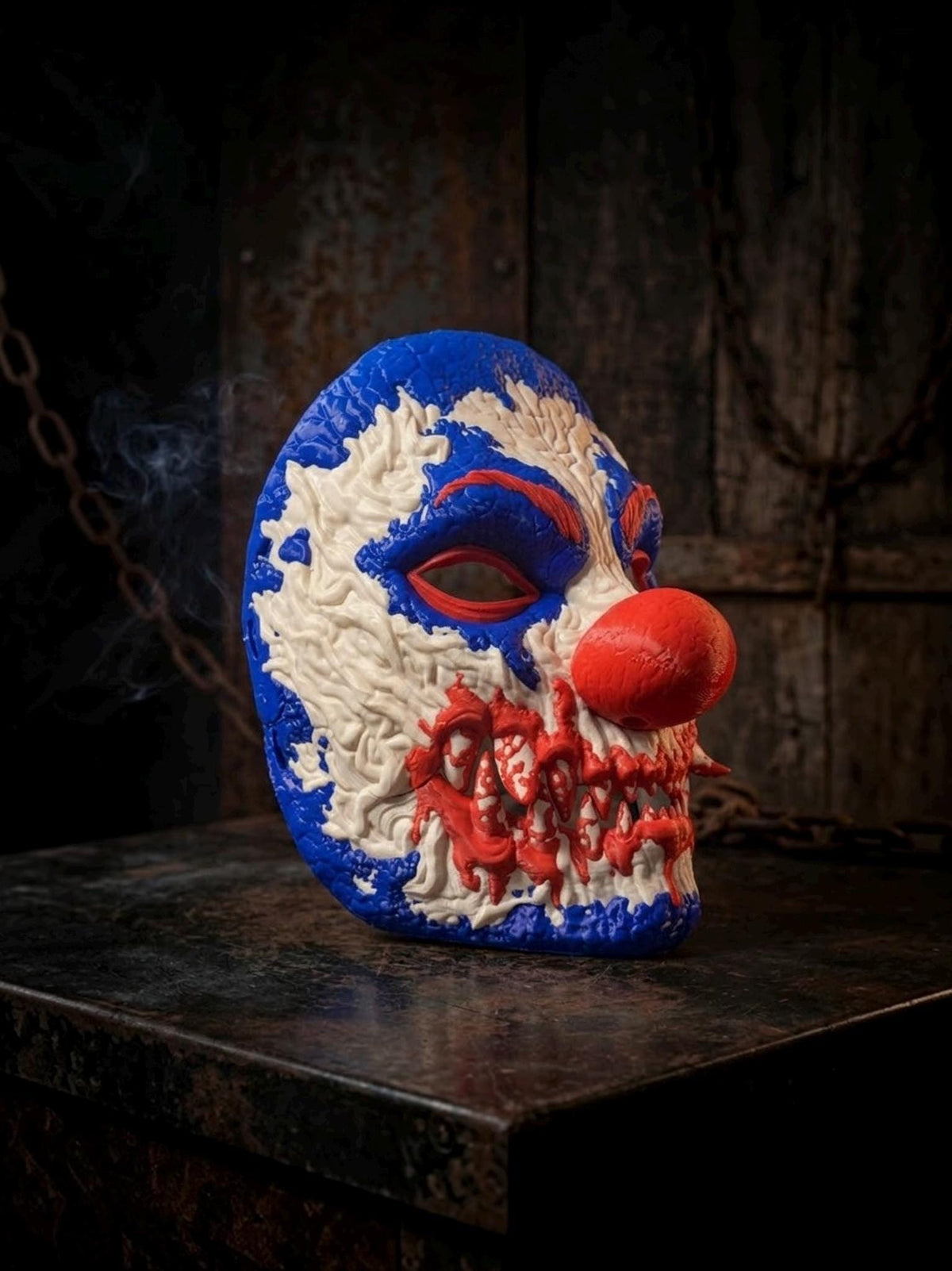 PRE-COLORED - NO Hand crafted Horror Clown Face Mask, Red White Blue Cosplay, Scary Halloween - Venemask