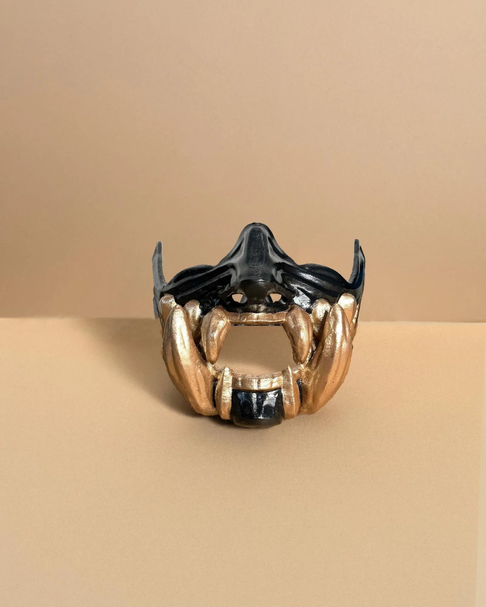 Samurai Demon Oni; Black mask with gold teeth, handcrafted venetian mask for cosplay and fantasy events.