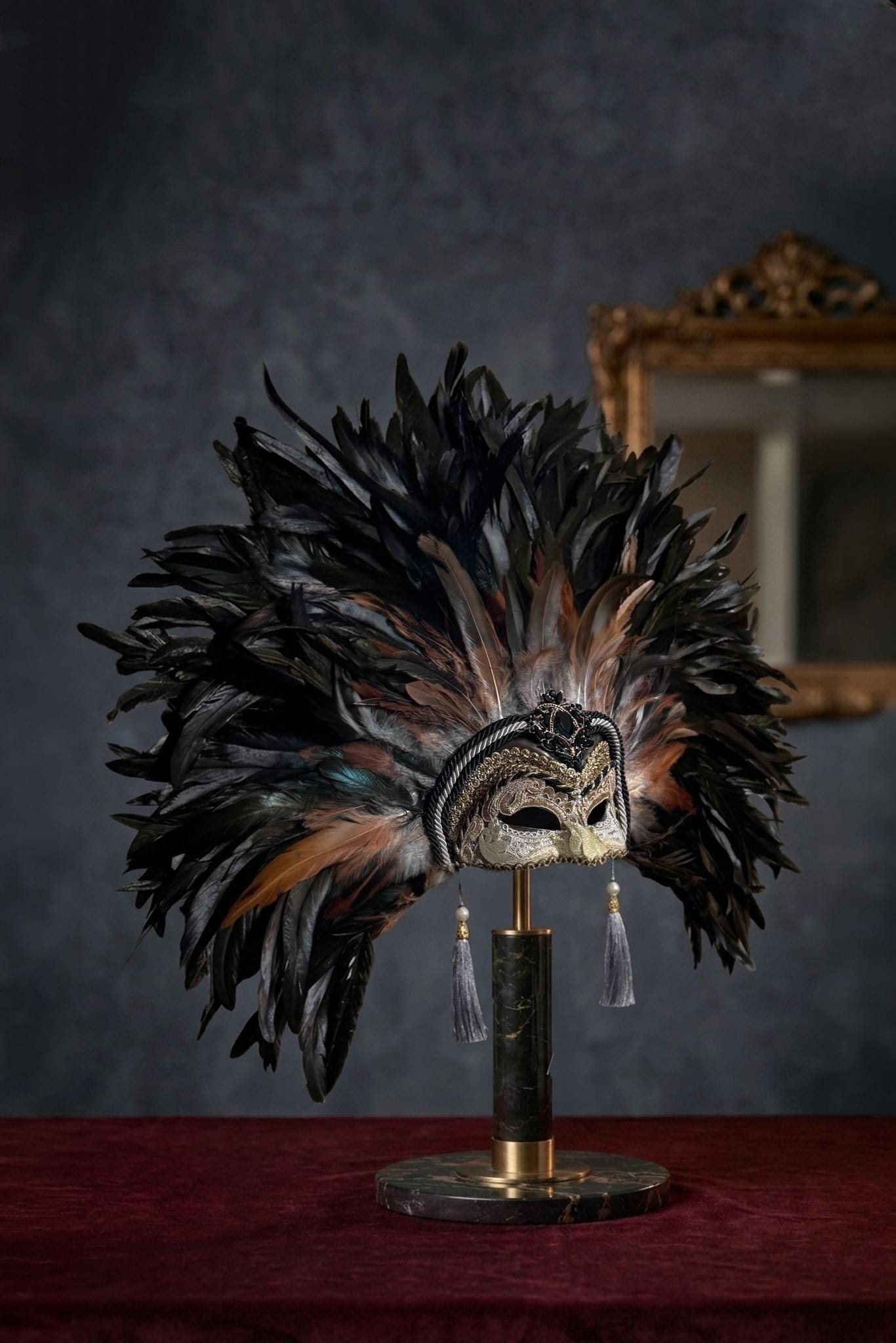 Seraphina: Luxury Black Feather Venetian Mask, Gold Masquerade Headdress, Baroque - Venemask