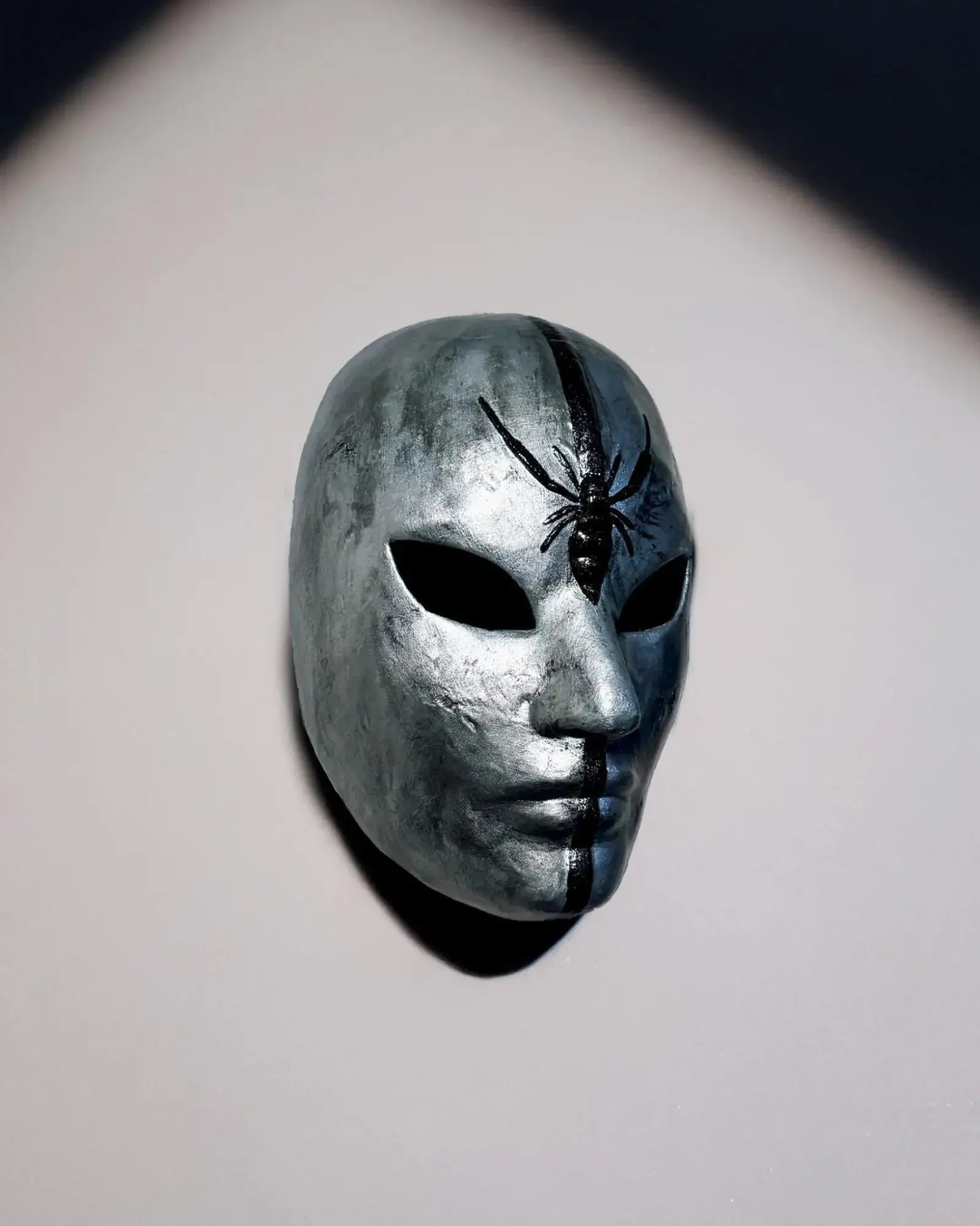 Silver Spider Mask with Black Stripe & Spider; Unique Cosplay Prop mask, handcrafted Venetian design for fantasy events.