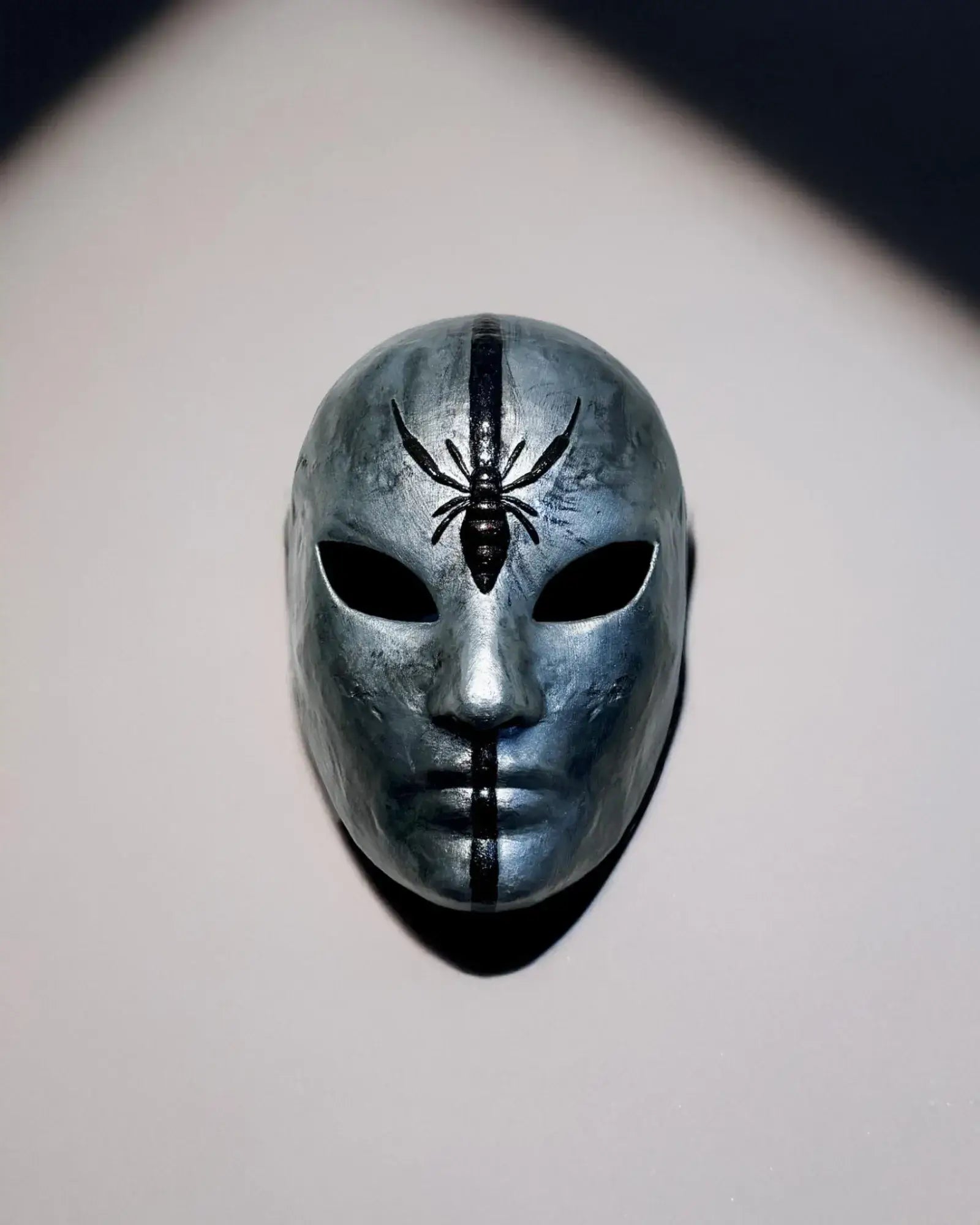 Silver Spider Mask with Black Stripe & Spider; Unique Cosplay Prop mask - handcrafted Venetian design for cosplay and fantasy.