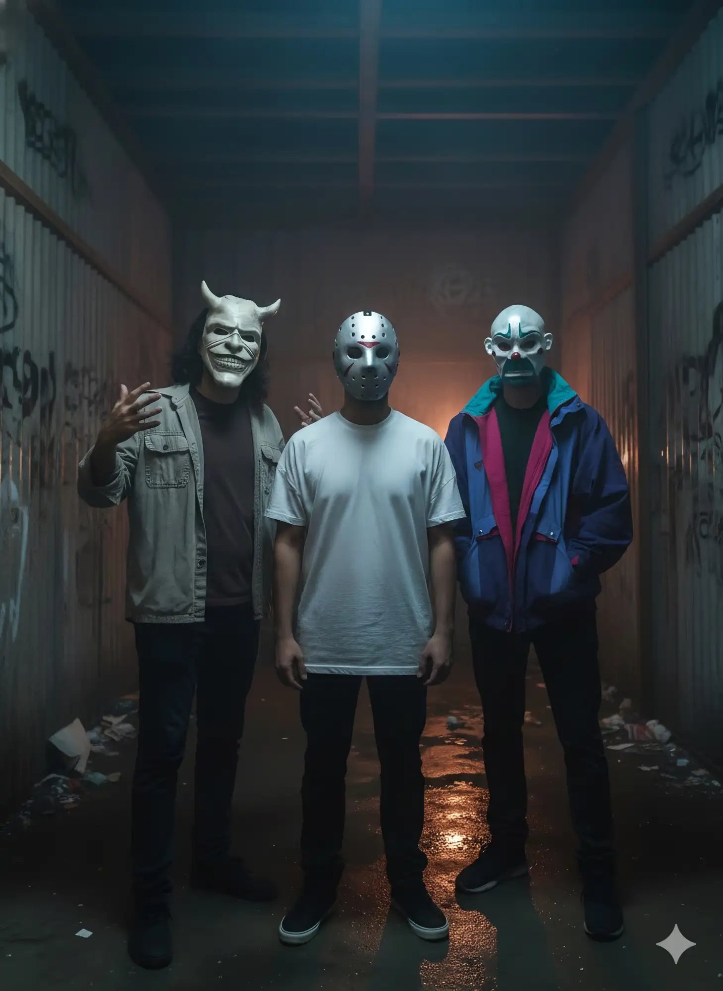 Three-headed mask with horns and a skull design, black material