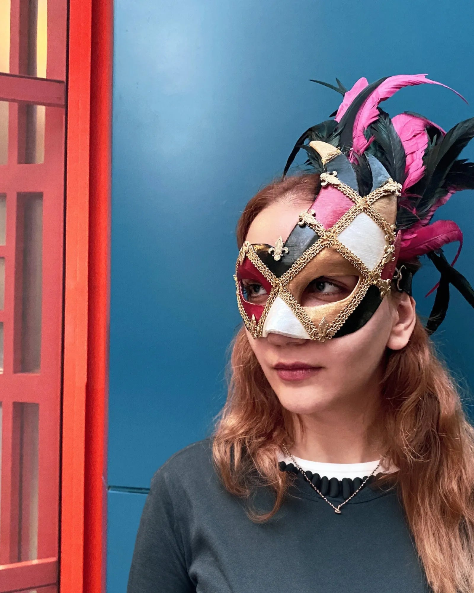 Venetian Eye-Catching Winged; Woman Half Eye Mask with handcrafted design, colorful feathers, perfect for masquerade cosplay and fantasy events.