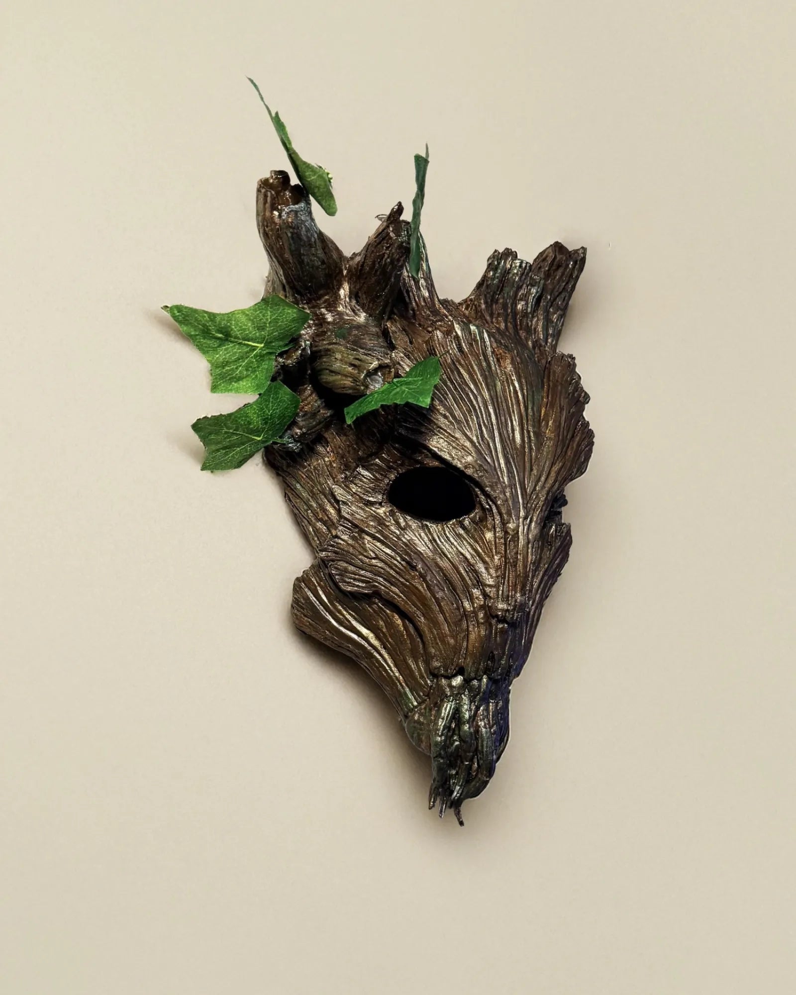 Warrior of Forest Warden; Wood texture, Forest spirit Mask, handcrafted Venetian mask for cosplay, fantasy, and masquerade events.