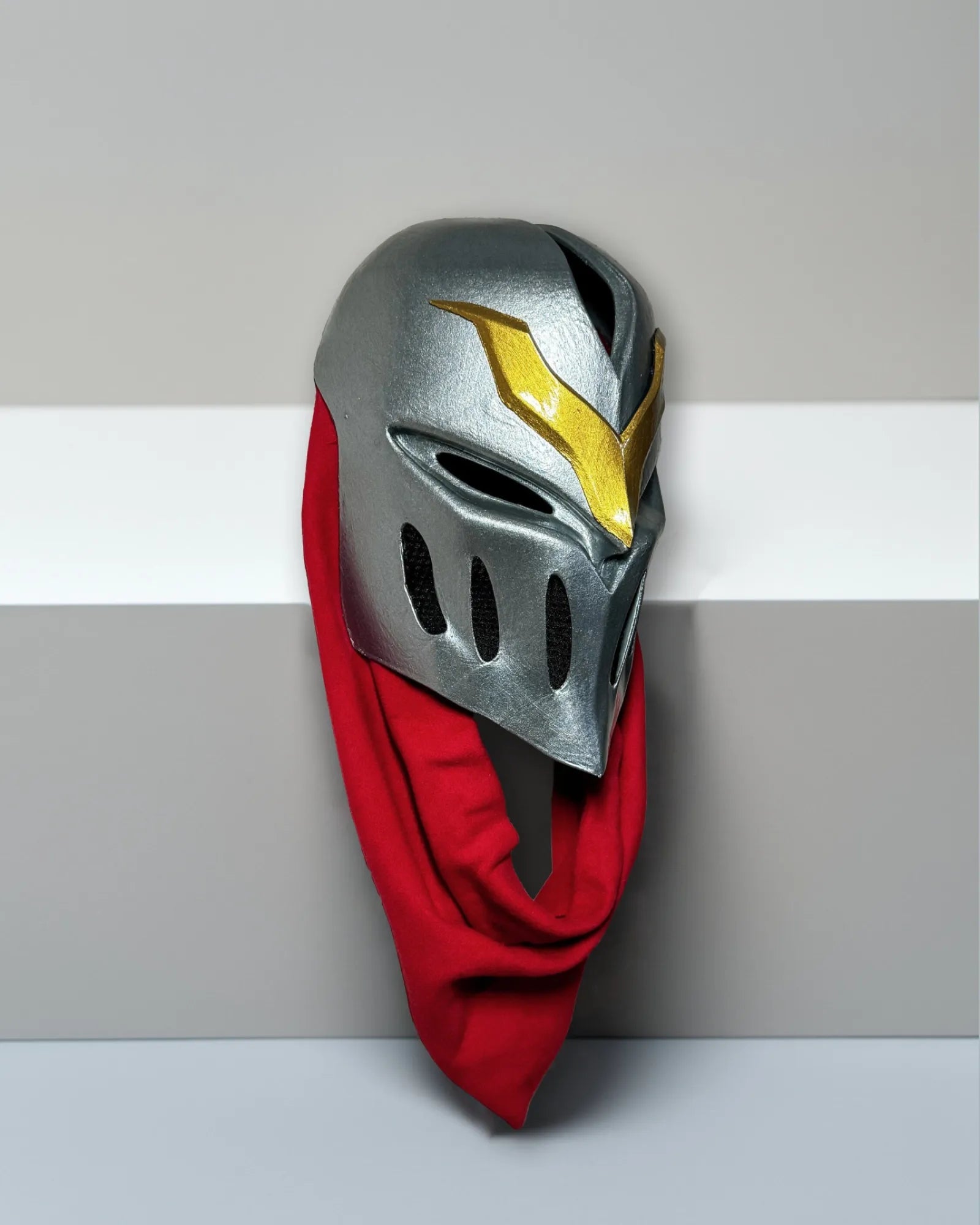 Zed League of Legends; Cosplay Wearable Helmet Mask, handcrafted Venetian mask with a red scarf, perfect for cosplay and fantasy events.