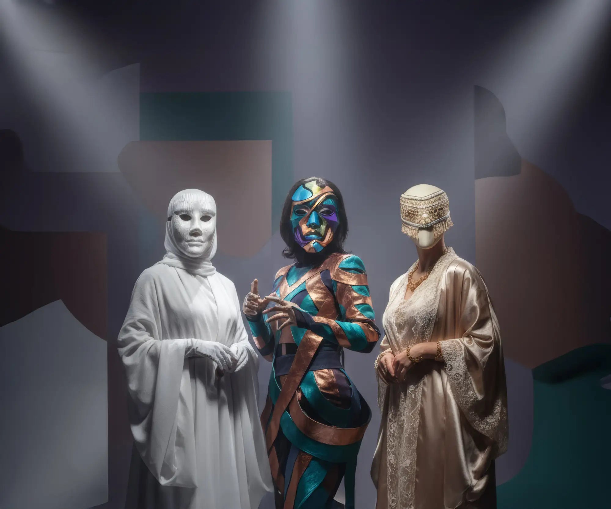 3d printed alien costume with metallic and iridescent colors, intricate armor design.