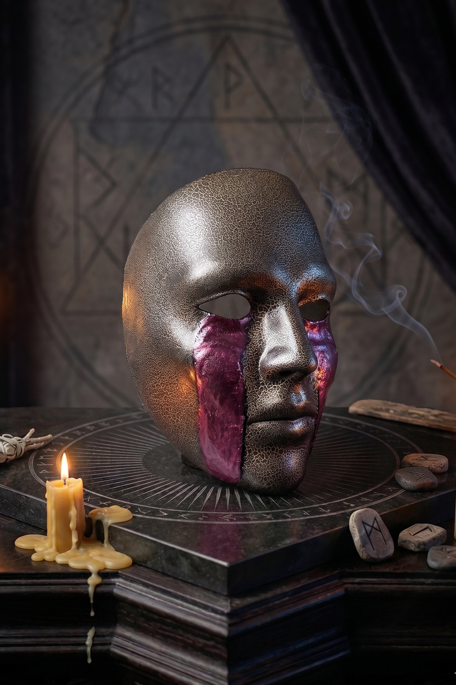 Cracked Black and Gold with Blood Cry Lines; Gothic Art Cosplay Mask