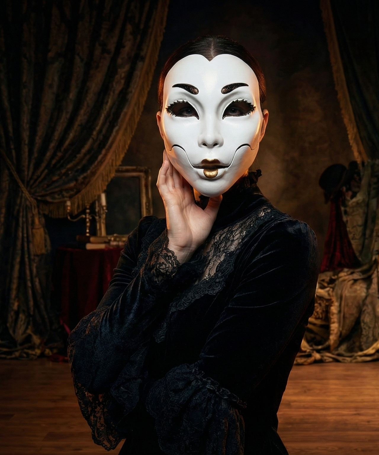 Demon Geisha; Mythology Geisha Moveable Jar, Japanese folklore mask handcrafted Venetian mask for cosplay and fantasy events.