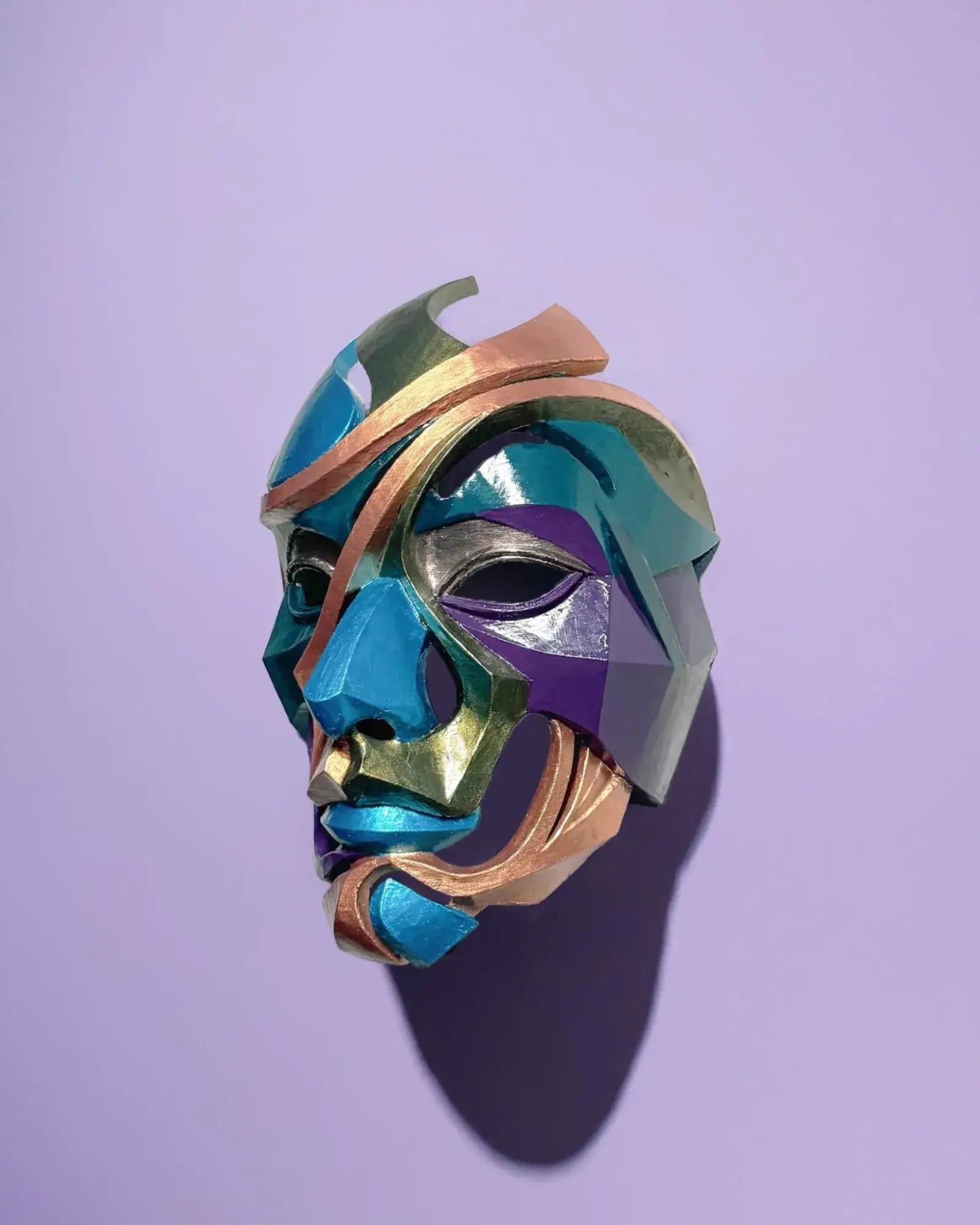 Abstract Colorful Puzzle; Handcrafted Colorful Geometric Face Art mask, a unique Venetian mask in vibrant colors.