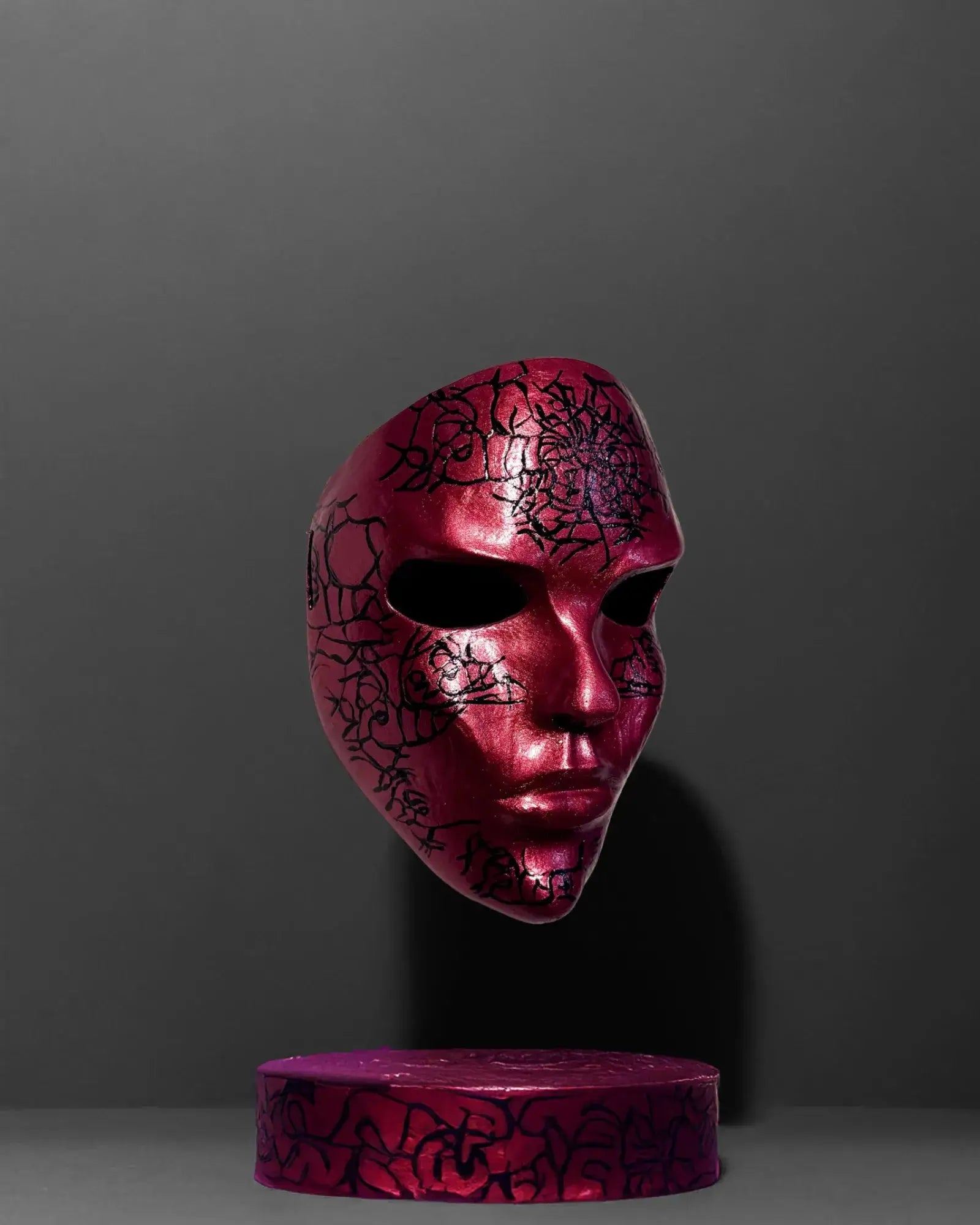 Abstract Crackle look black pattern; Handmade Red Masquerade Mask, handcrafted Venetian cosplay fantasy mask with acrylic stones.