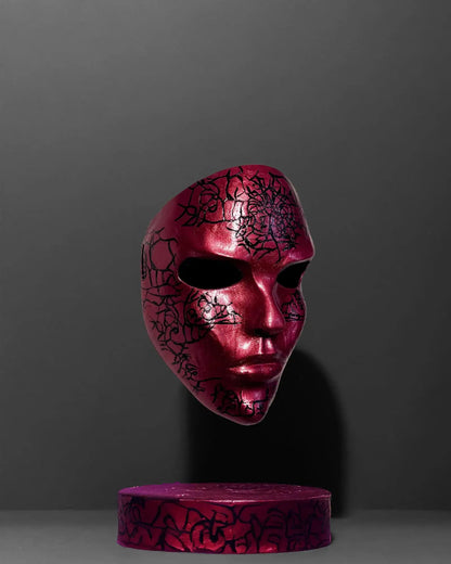 Abstract Crackle look black pattern; Handmade Red Masquerade Mask, handcrafted Venetian cosplay fantasy mask with acrylic stones.