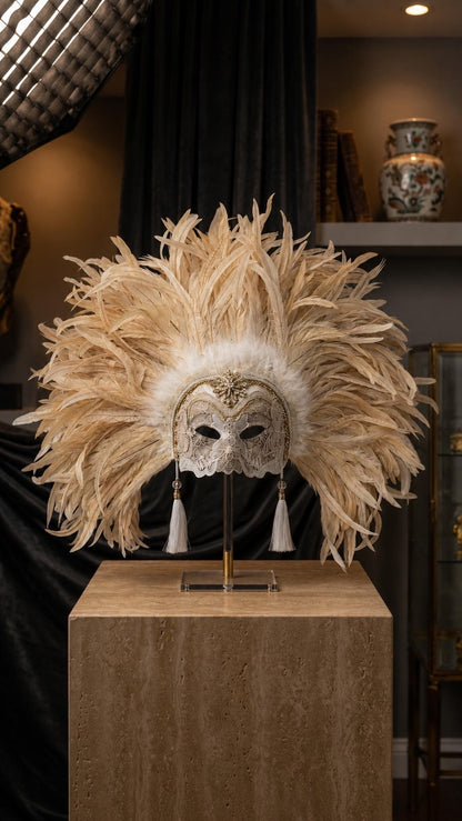 Aurélie: Luxury Ivory Feather Venetian Mask, Champagne Masquerade Headdress, Baroque Carnival Costume, Mardi Gras - Venemask