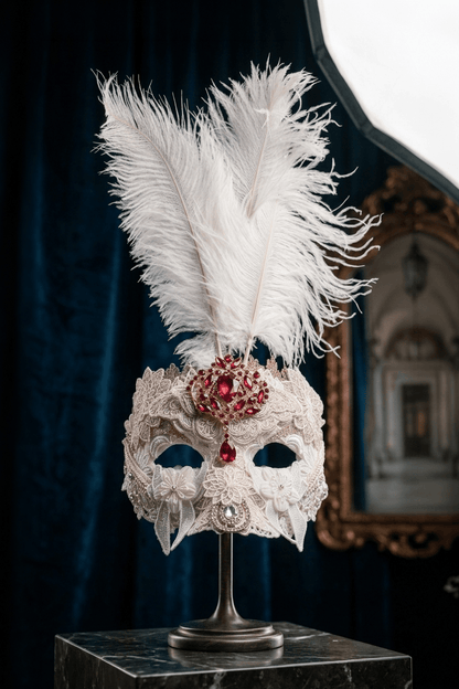 Bianca Royal Ivory Feather Mask: Venetian Baroque Elegance, Red Crystal Jewel, Luxury - Venemask