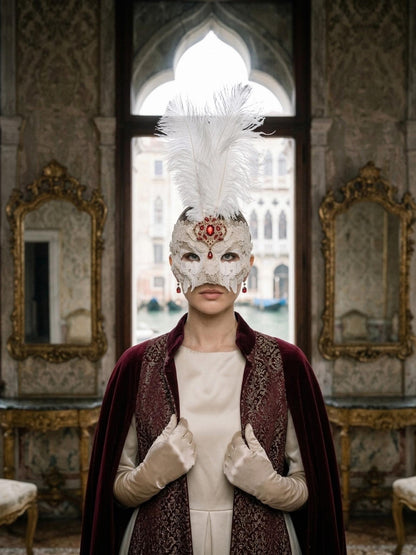 Bianca Royal Ivory Feather Mask: Venetian Baroque Elegance, Red Crystal Jewel, Luxury - Venemask