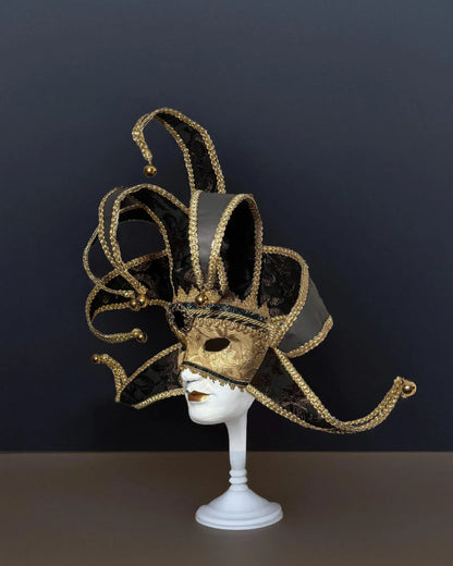 Black and Gold Luxury Jester, Venetian; Luxurious Fabric Mask handcrafted for cosplay and fantasy decor
