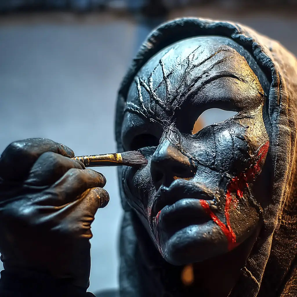 Black mask with red accents, gold leaf design, and textured surface.