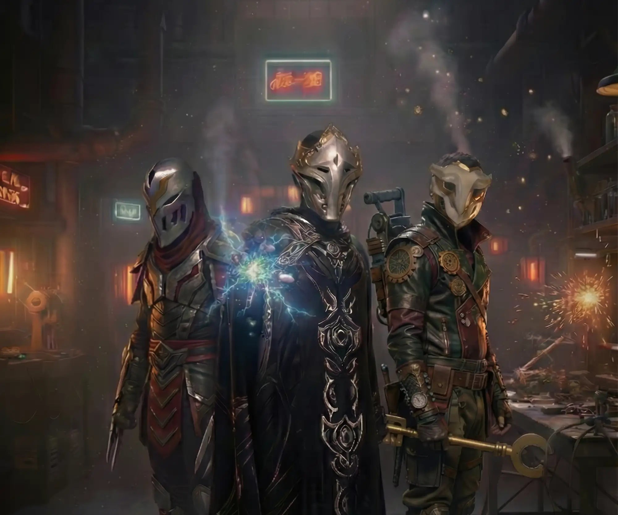 Black and silver armor with intricate designs, futuristic weapon