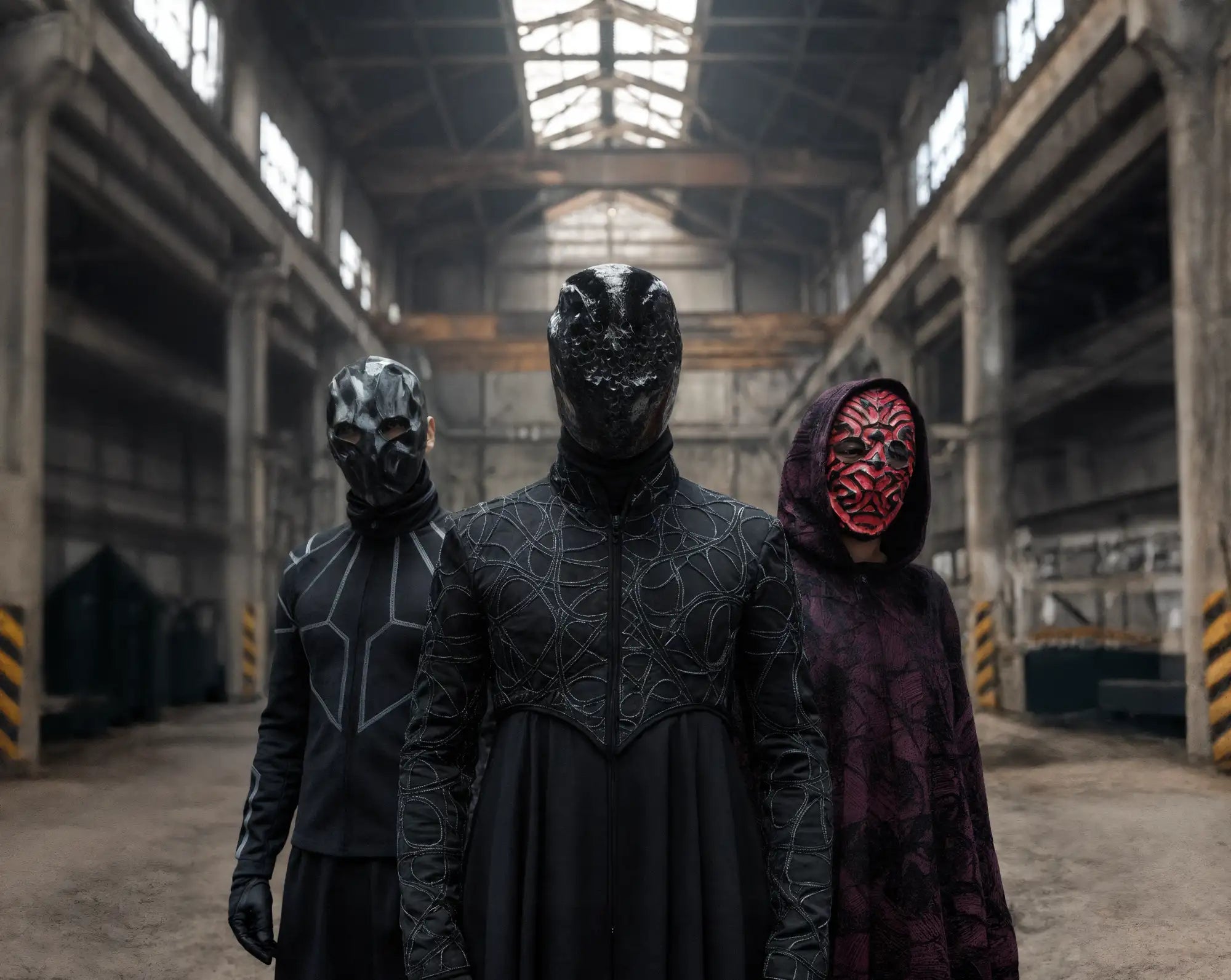 Black spiderweb-patterned hooded cloak with red mask