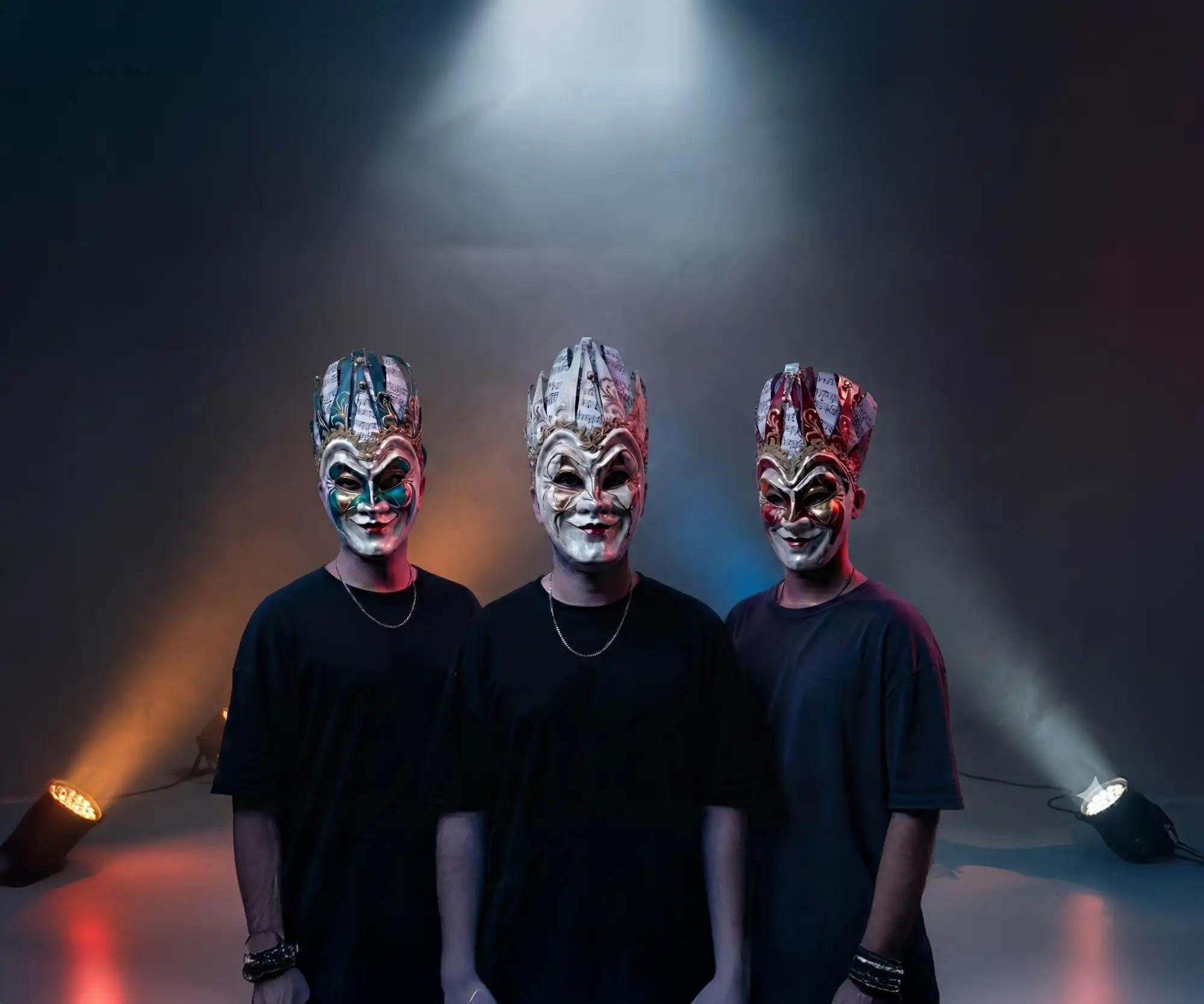 Black t-shirt with colorful mask design, printed material.