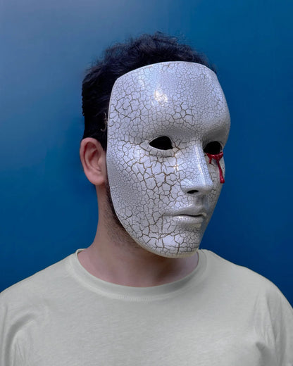 Blood Crying Venetian; Bloddy Eye, Cracking Face Pattern White Mask, handcrafted Venetian cosplay fantasy accessory
