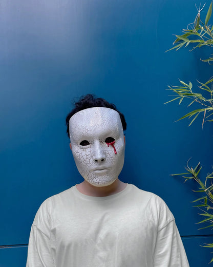 "Blood Crying Venetian; Bloddy Eye, Cracking Face Pattern White Mask" worn by person, handcrafted, venetian, cosplay, fantasy mask
