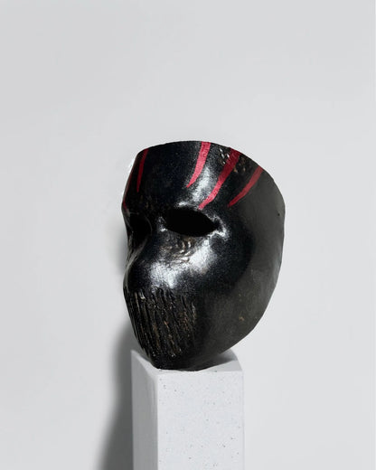 Alt Tag: Bloody Death; Black Mask with Red Details - Horror, Halloween handcrafted venetian mask for cosplay and fantasy events.