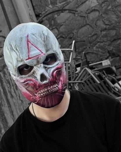 Bloody Skull Ghoul Face Skeleton; Triangle stamp detail, Horror Gothic Venetian cosplay mask handcrafted for fantasy events.