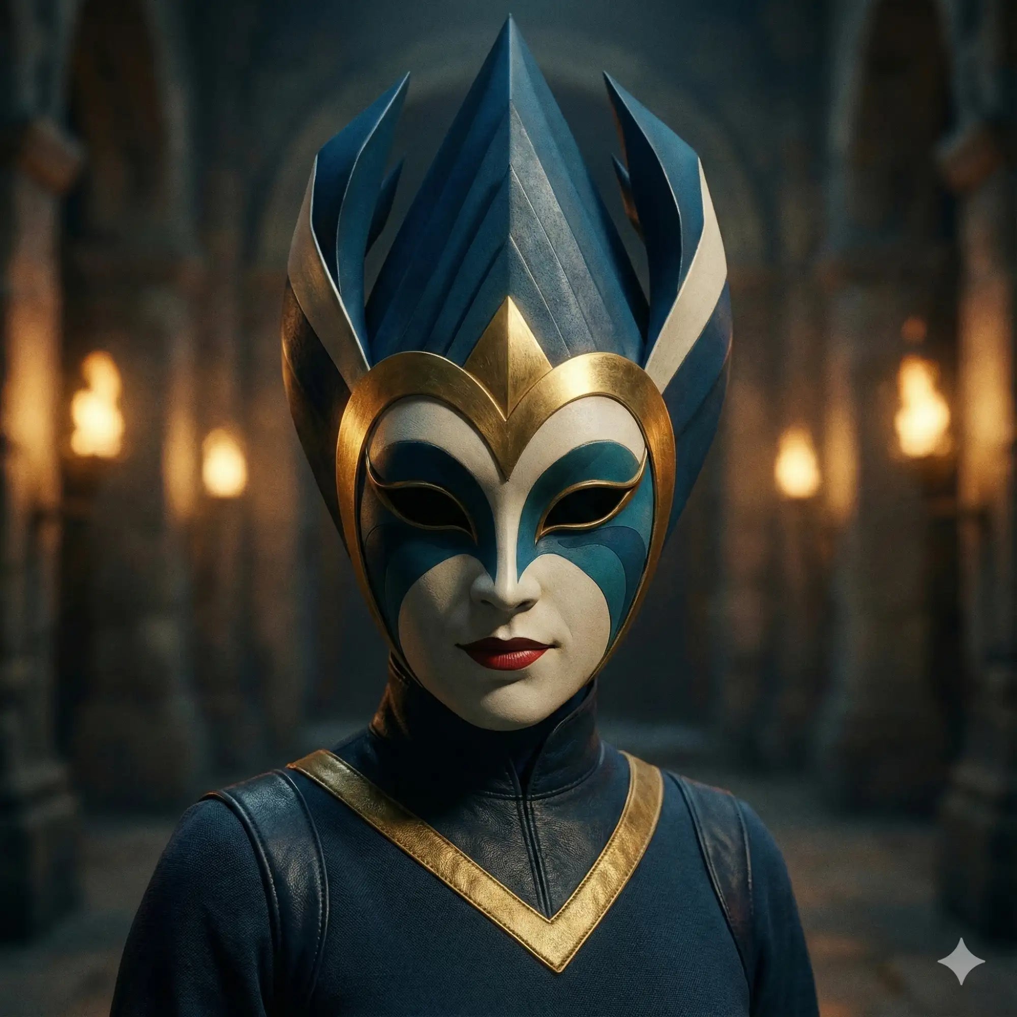 Blue and gold helmet with pointed design, likely made of plastic or metal.