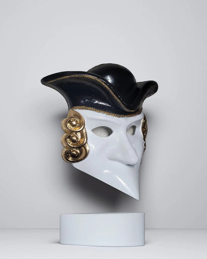 Casanova Bauta Mask handcrafted Venetian cosplay fantasy mask in black and white with gold accents, perfect for masquerade or decor.