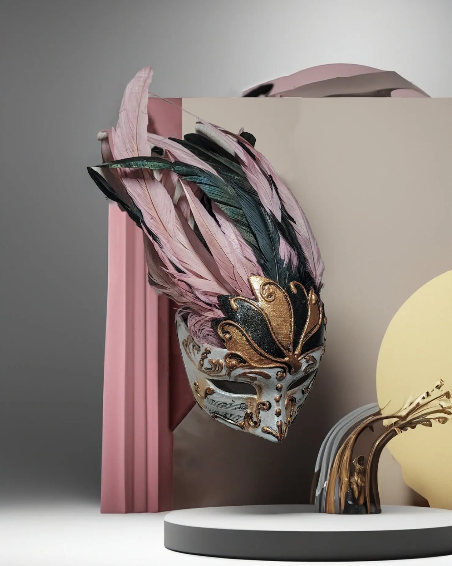 Chic Winged Crown Venetian; Delicate Powder Pink with Black Feathers mask, handcrafted for cosplay and fantasy events.