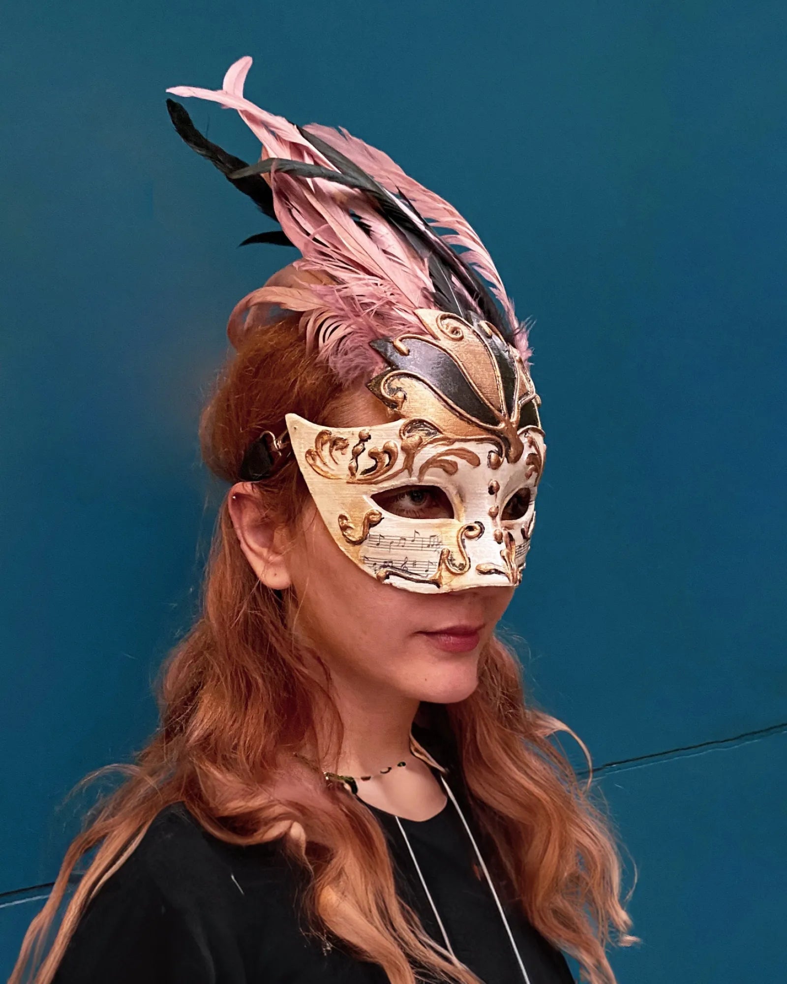 Chic Winged Crown Venetian; Delicate Powder Pink with Black Feathers mask, handcrafted, perfect for masquerade or cosplay.