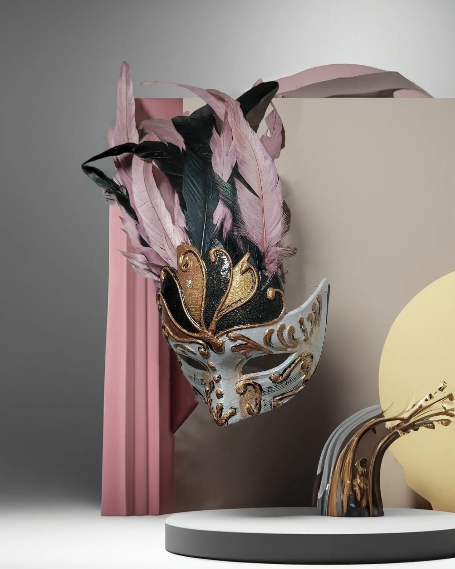 Chic Winged Crown Venetian; Delicate Powder Pink with Black Feathers mask, handcrafted for Venetian cosplay and fantasy events.