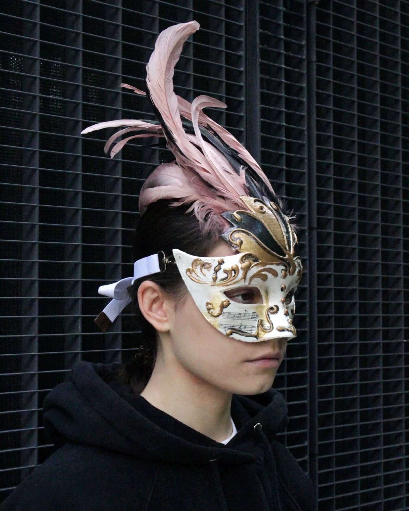 Chic Winged Crown Venetian; Delicate Powder Pink with Black Feathers mask - Venemask
