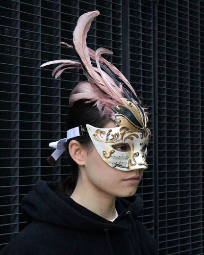 Chic Winged Crown Venetian; Delicate Powder Pink with Black Feathers mask - Venemask