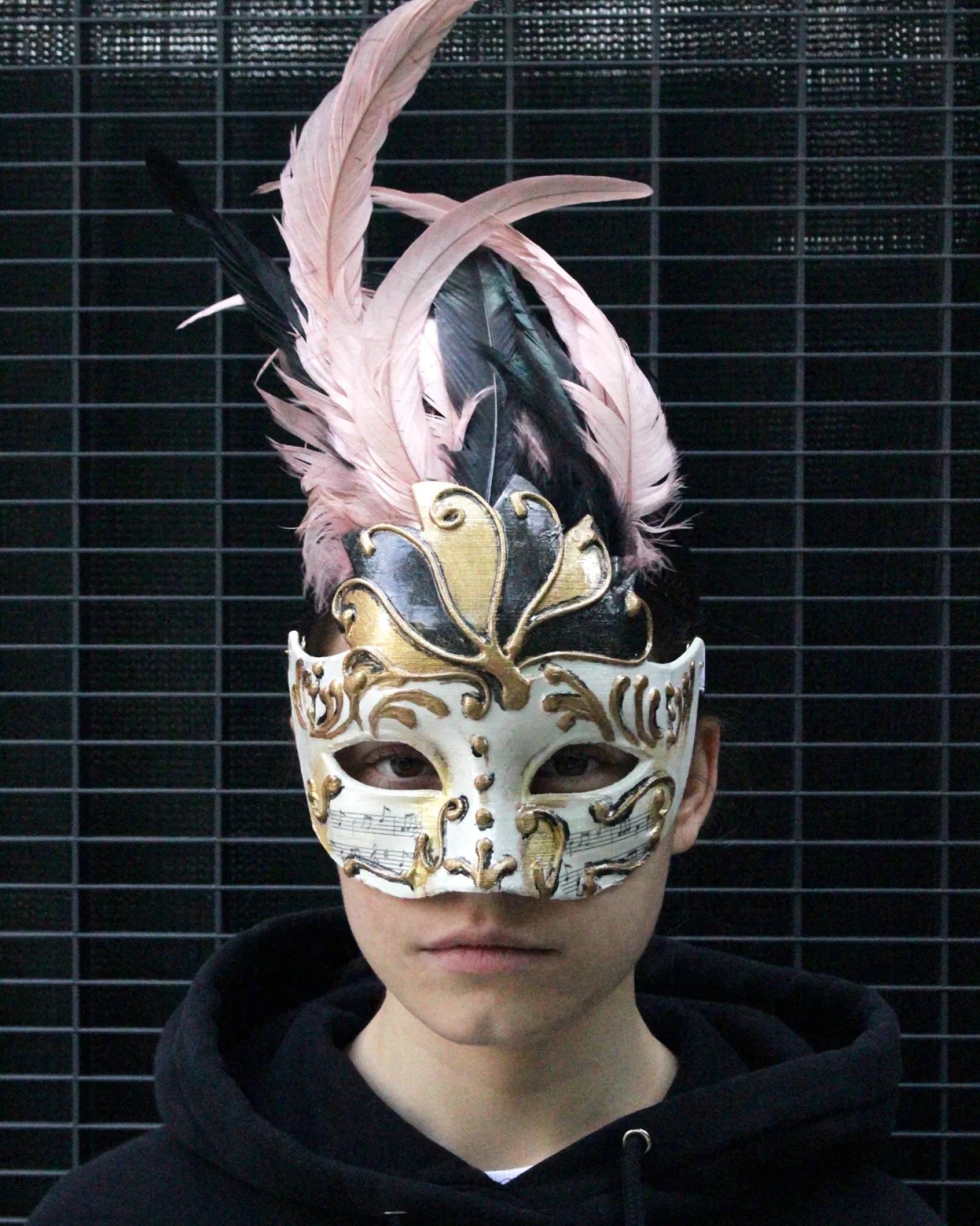 Chic Winged Crown Venetian; Delicate Powder Pink with Black Feathers mask - Venemask