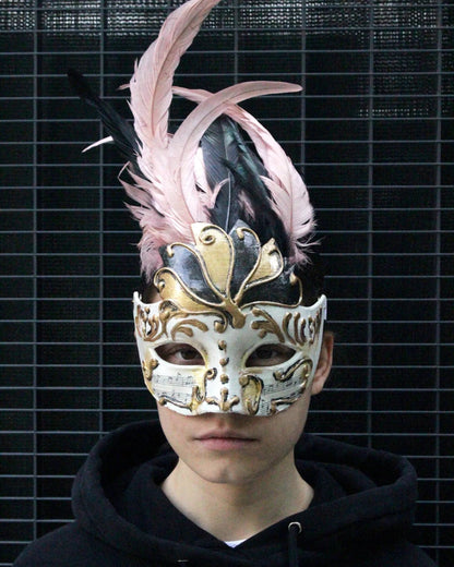 Chic Winged Crown Venetian; Delicate Powder Pink with Black Feathers mask - Venemask