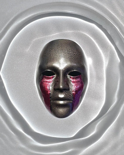 Cracked Black and Gold with Blood Cry Lines; Gothic Art Cosplay Mask displayed against a shimmering background.