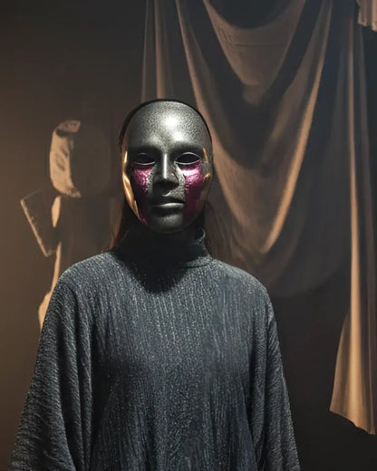 Cracked Black and Gold with Blood Cry Lines; Gothic Art Cosplay Mask worn by a model in a dark setting.