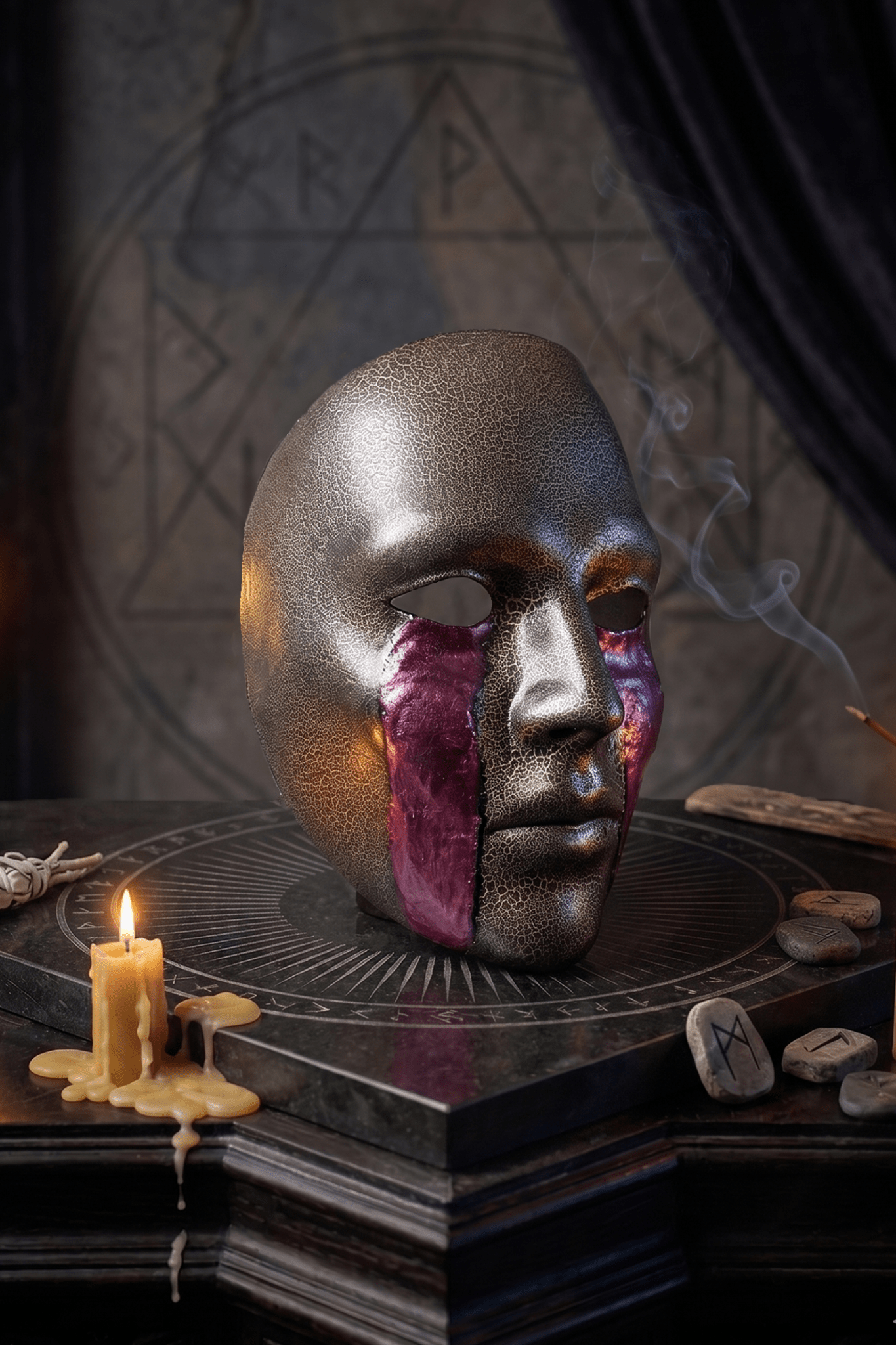 Cracked Black and Gold with Blood Cry Lines; Gothic Art Cosplay Mask - Venemask