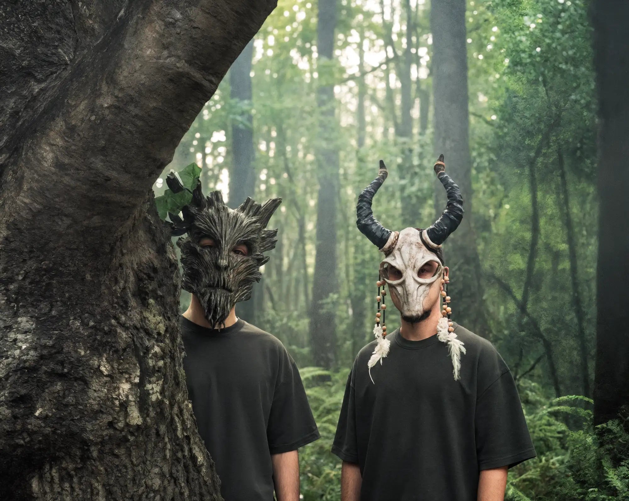 Dark green dragon mask with horns and scales, likely made of plastic or foam.