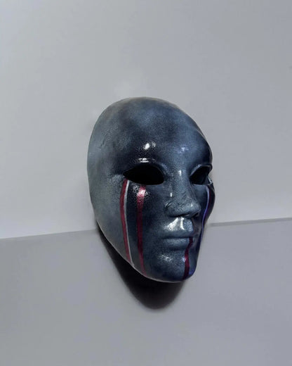 Dark Silver Crackle Face with Red Stripes; Abstract Art Mask, handcrafted Venetian mask for cosplay and fantasy events.